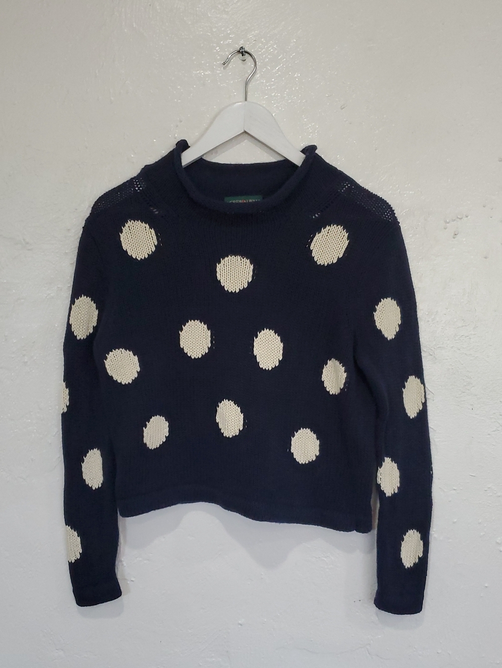 Vintage J. Crew Navy Blue & White Polka Dot Roll Neck Sweater Size XS